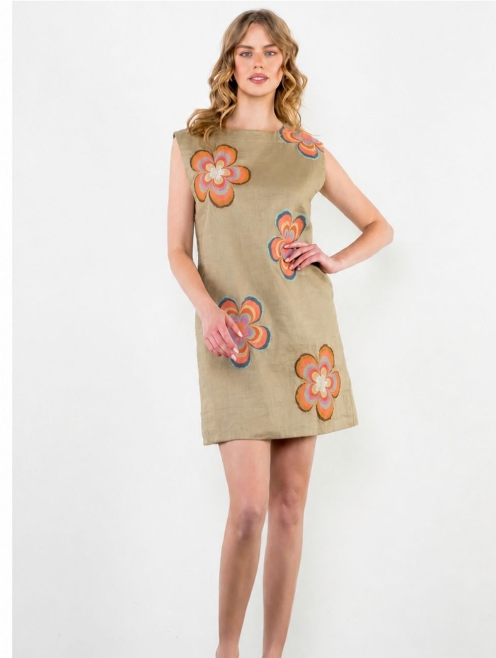 THML sleeveless flower Floral embroidered Tan dress Cotton Linen Blend Medium